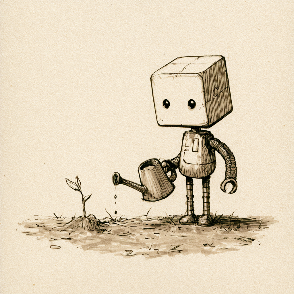 A small robot tending a tiny plant.