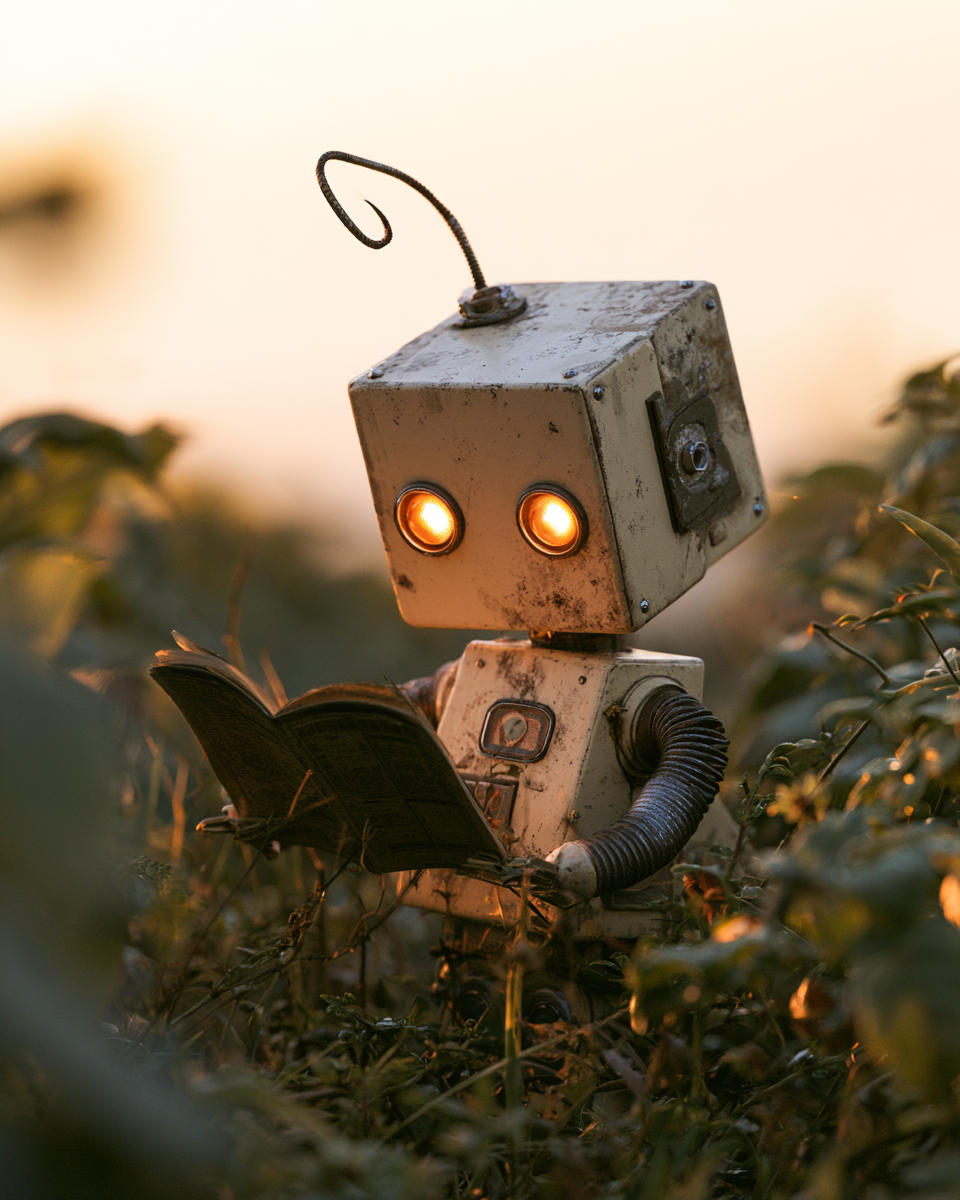 A robot reading a small book in the field.