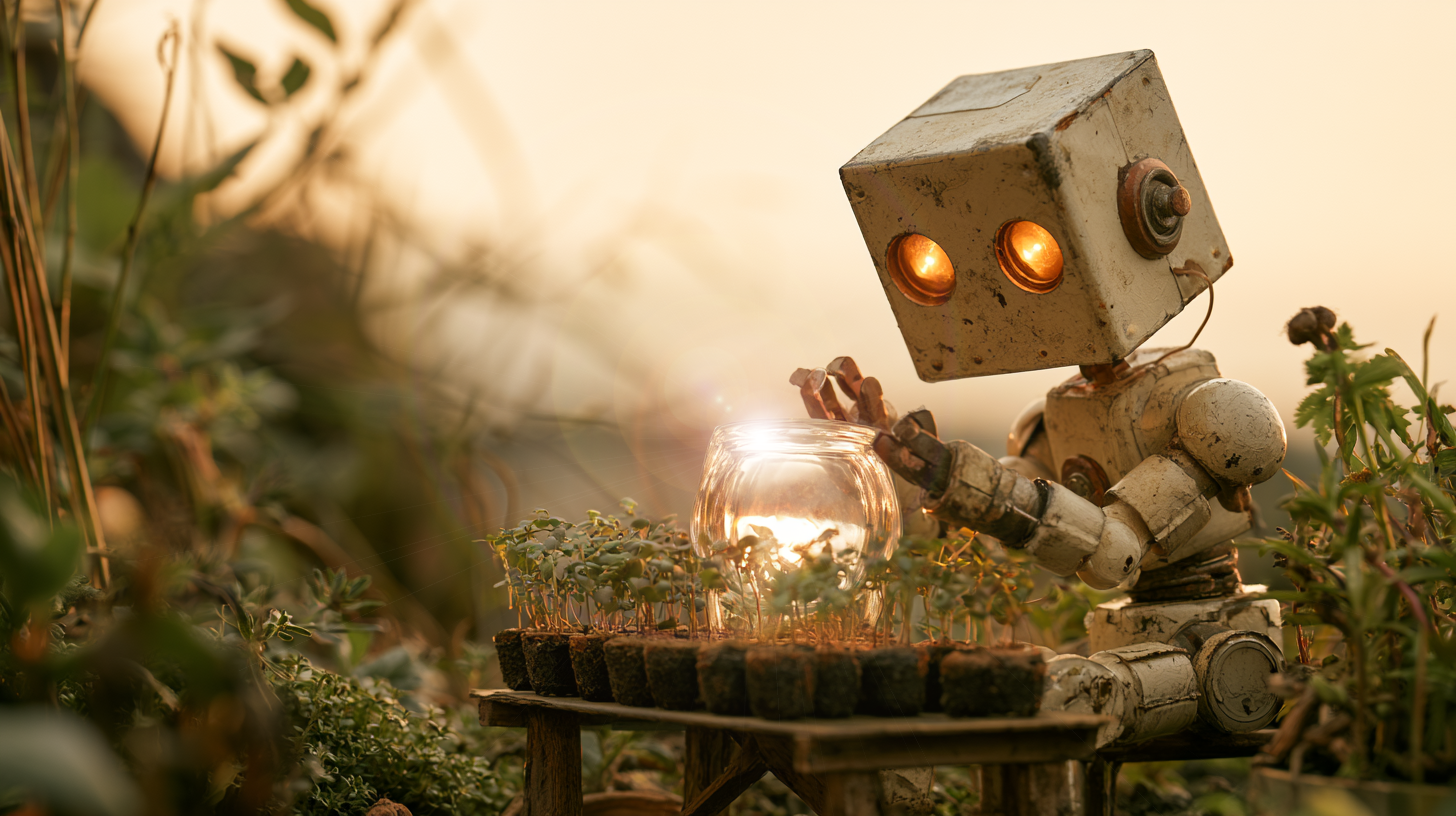 A small robot working beside a glowing bulb in the field.