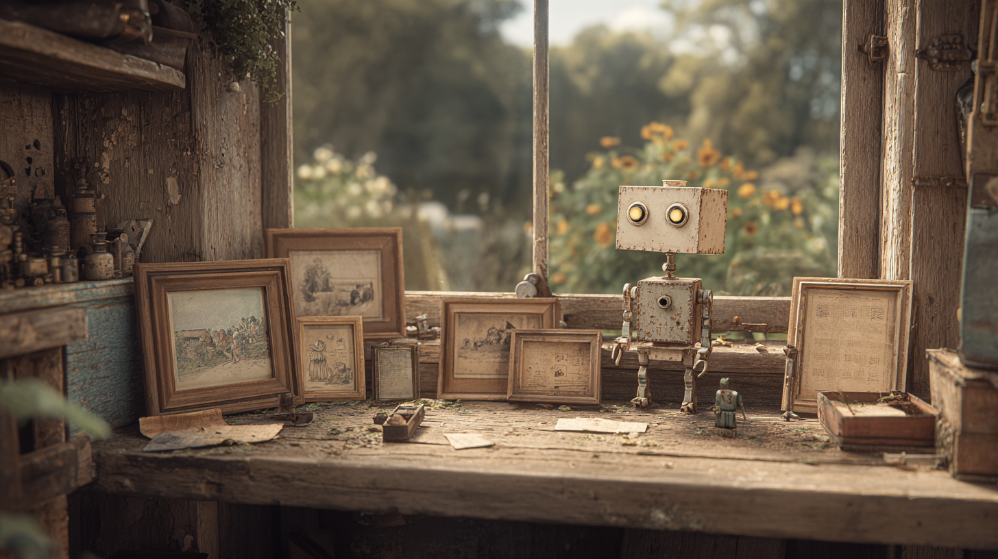 Framed pictures propped along a workbench with a small robot among them and a window behind.
