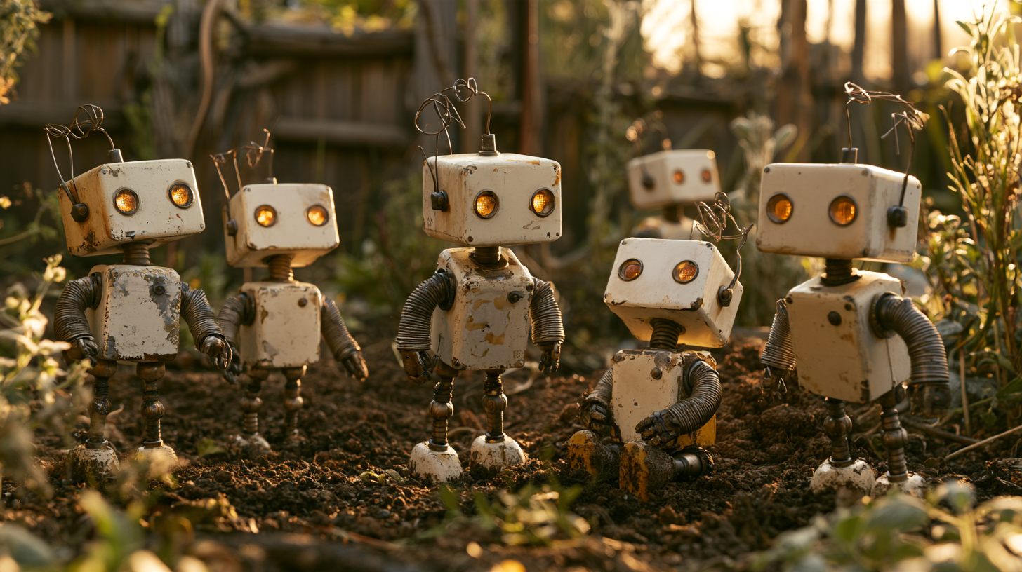 Five small robots standing together in a planted bed, facing outward.