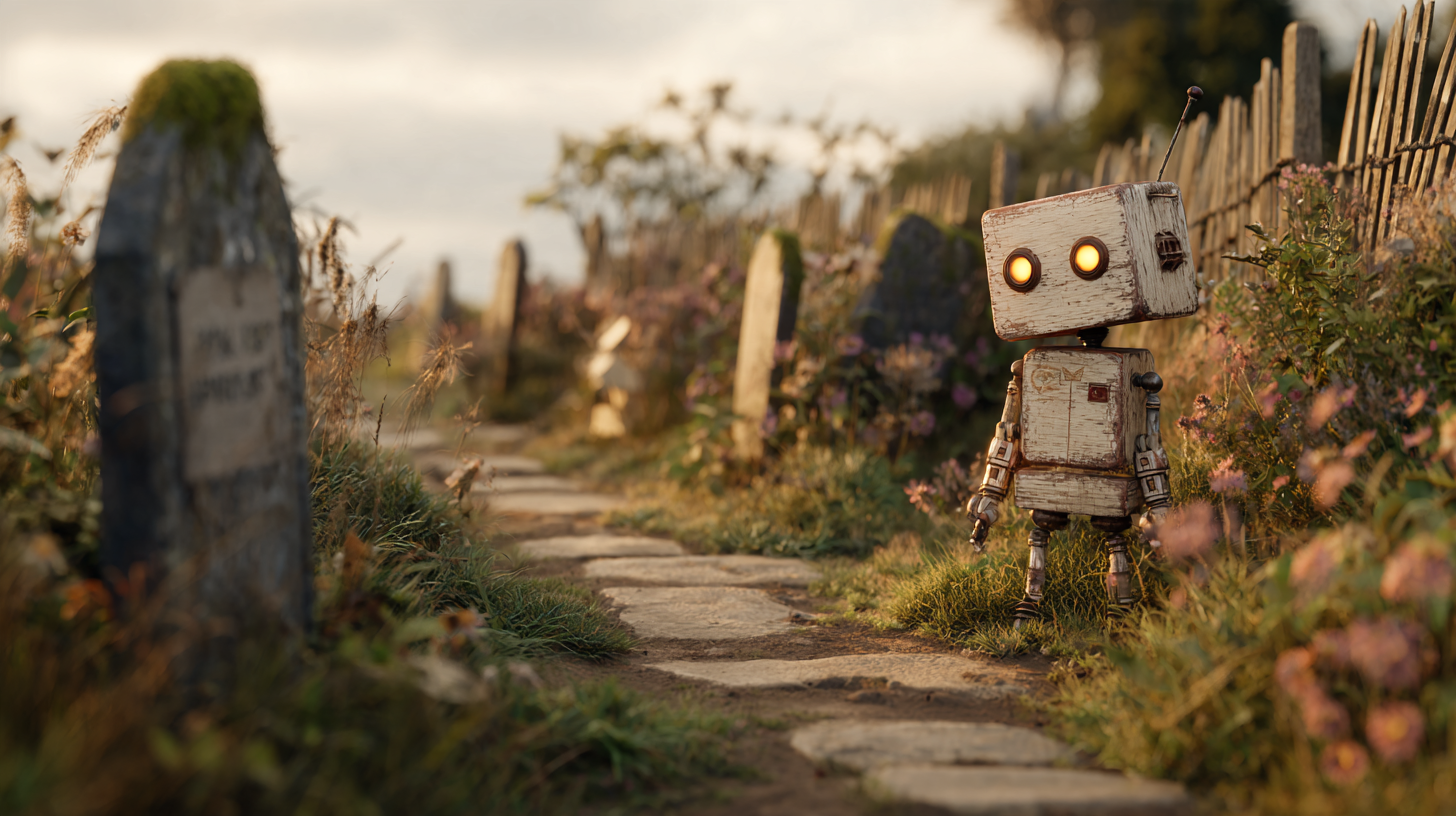 A small robot on a stone path between weathered standing stones in long grass.