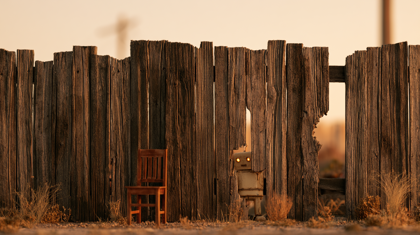 A rough wooden fence with a robot visible through a narrow opening.